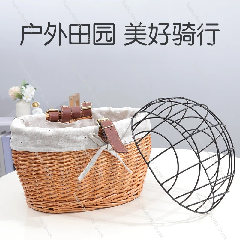 Rattan Bike Pet Basket with Lid, Detachable Washable Cat Dog Carrier Bicycle Front Rear Seat