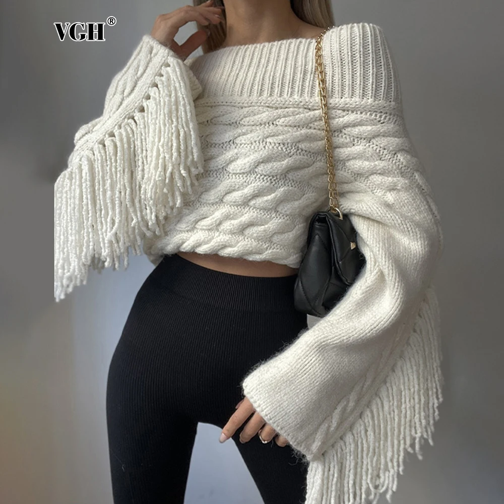 

VGH Solid Patchwork Tassels Short Sweaters For Women Slash Neck Long Sleeve Loose Pullover Knitting Female Fashion Clothes New