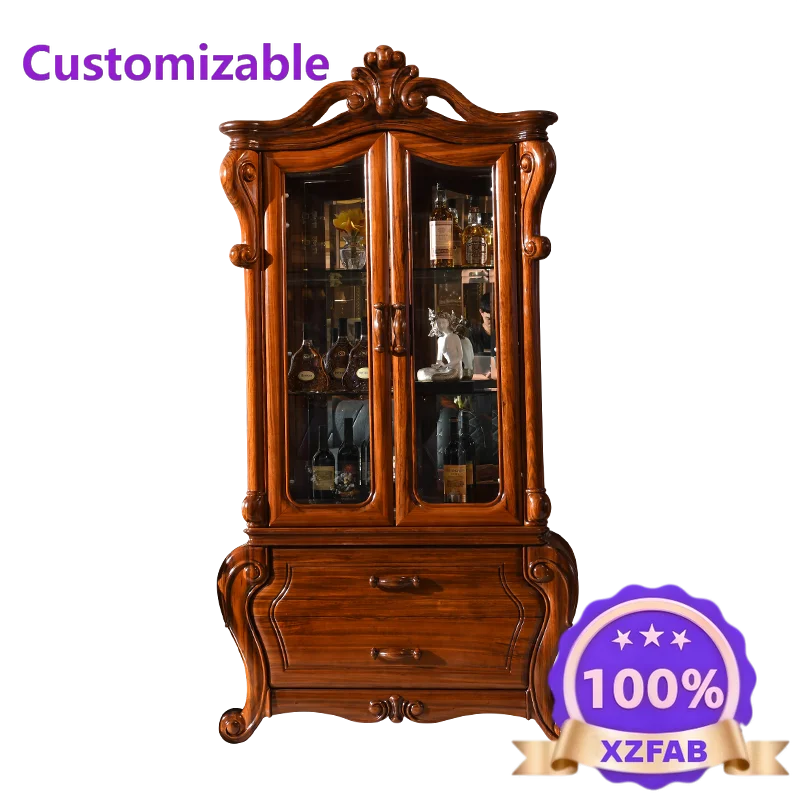 Factory Direct 2026 European ebony wood wine cabinet natural marble high and low cabinet combination solid wood carving flower l