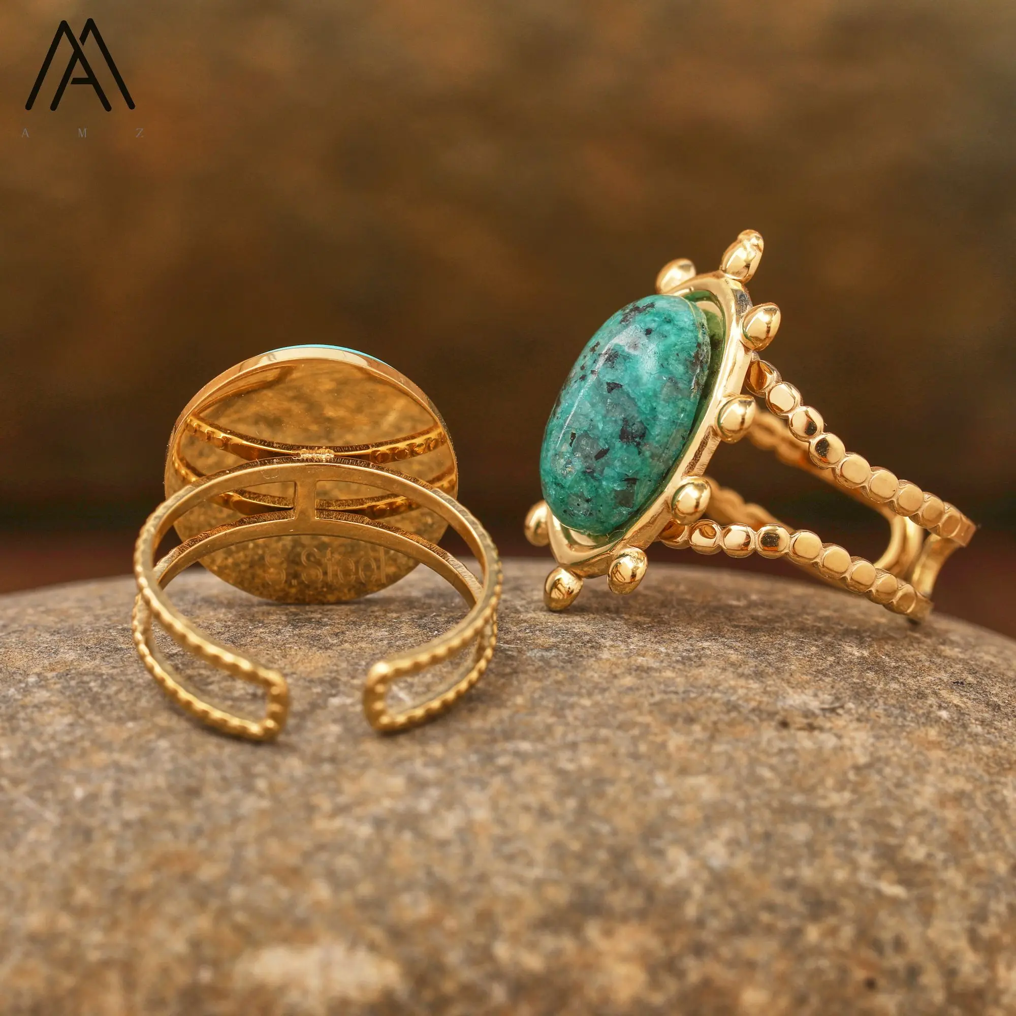 Stainless Steel Rings for Women Vintage Natural Stone Ring Turquoise Charms Man Female Jewelry