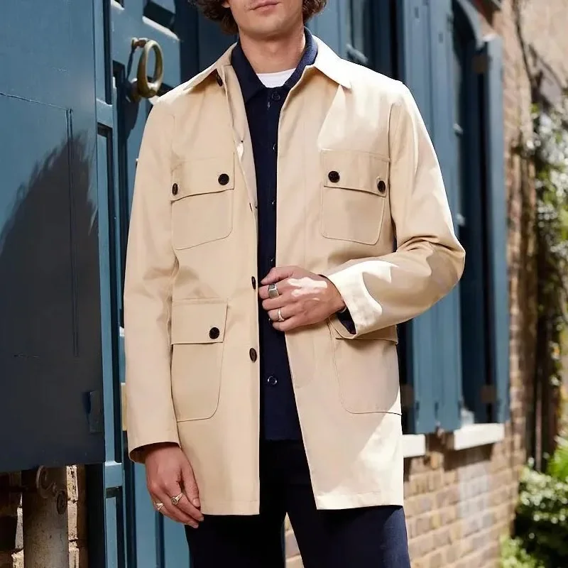 

European and American Men's Trench Coats, Solid - Color Lapel Single - Breasted Casual Overcoats for Spring and Autumn.