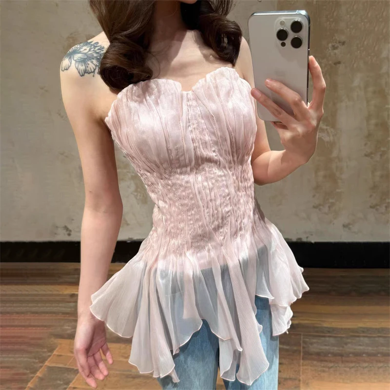 

Summer 2026 Women's High-Quality Mesh Fishbone Elastic Irregular Halter Top Fashion Sexy Casual Party Wrap Chest Top Bra