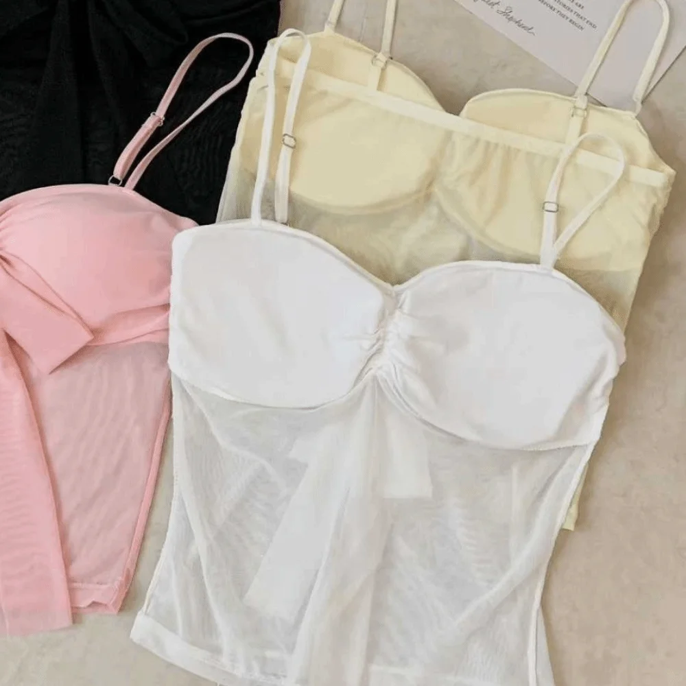 Slim Fit Mesh Laced Up Mesh Camisole Transparent Hollow Girl's Vest Top Streetwear Laced Up Bowknot Camisole with Pads Ladies
