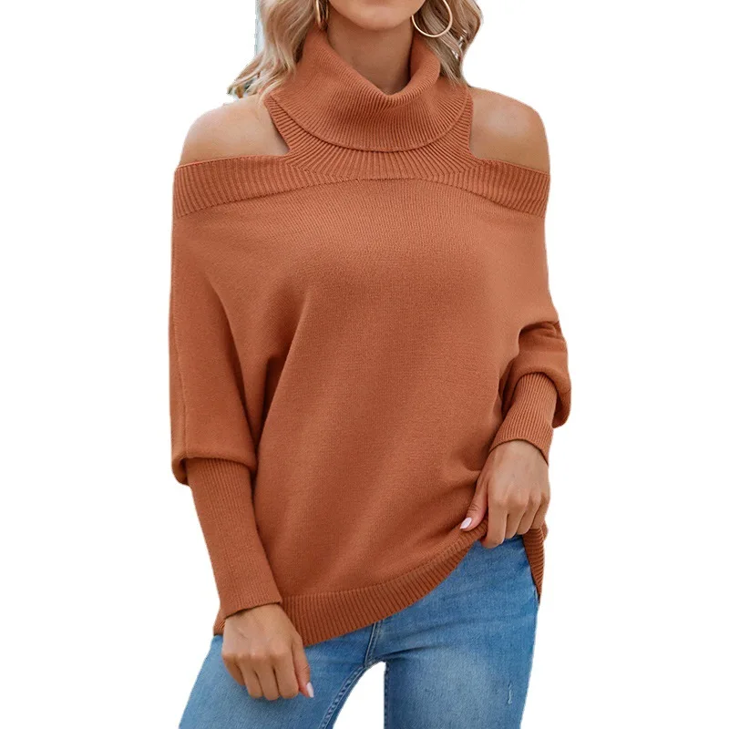 Solid color lapel cross-border knitted sweater 2023 fall/winter new sexy leaky shoulder Amazon sweater girl