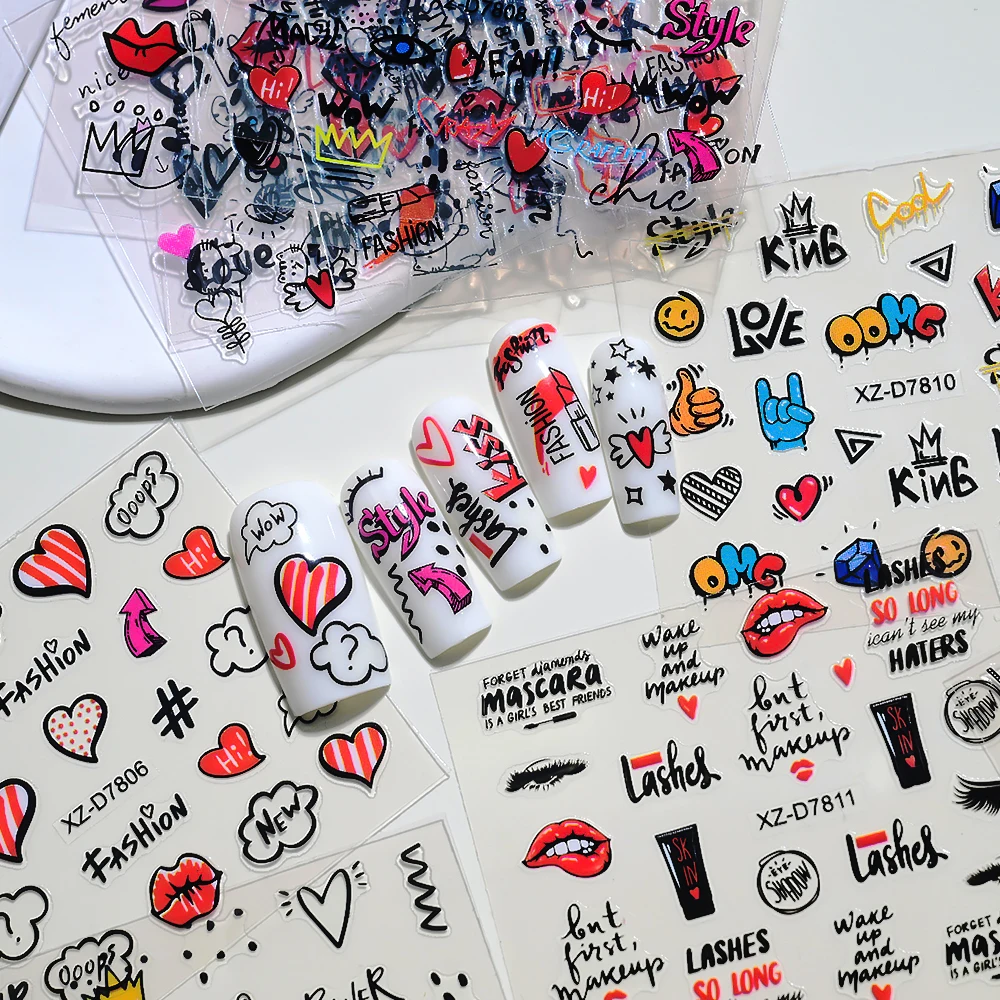 30 pz/set 3D Del Fumetto Del Gatto Unghie Artistiche Adesivi Nero Graffiti Animale Arco Stella Cuore Decalcomanie Per Unghie Kawaii Autoadesiva Manicure Slider