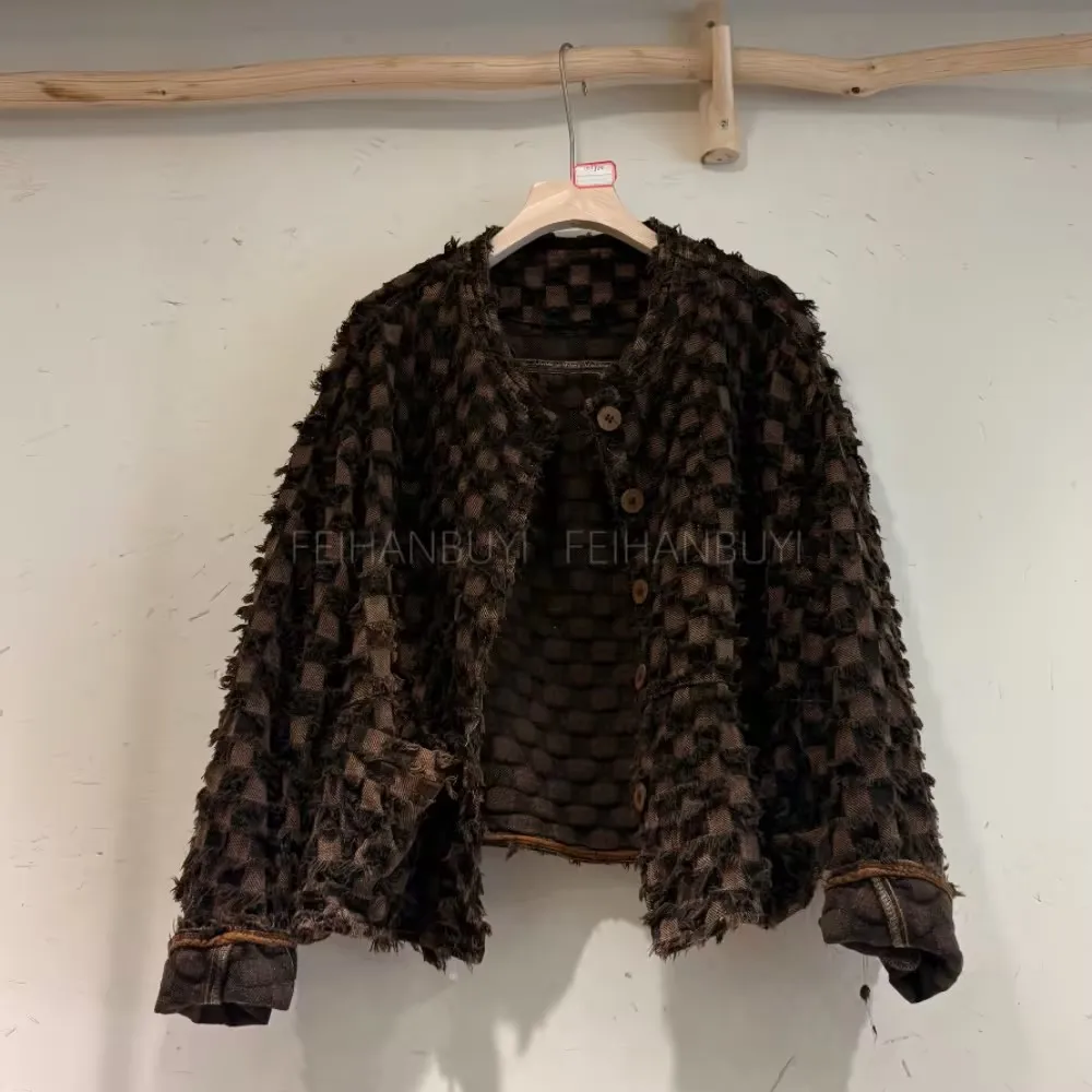 2026 Spring Autumn New Arts Style Women Long Sleeve Single Breasted Loose Casual Short Coats Vintage Plaid Cotton Denim Jackets