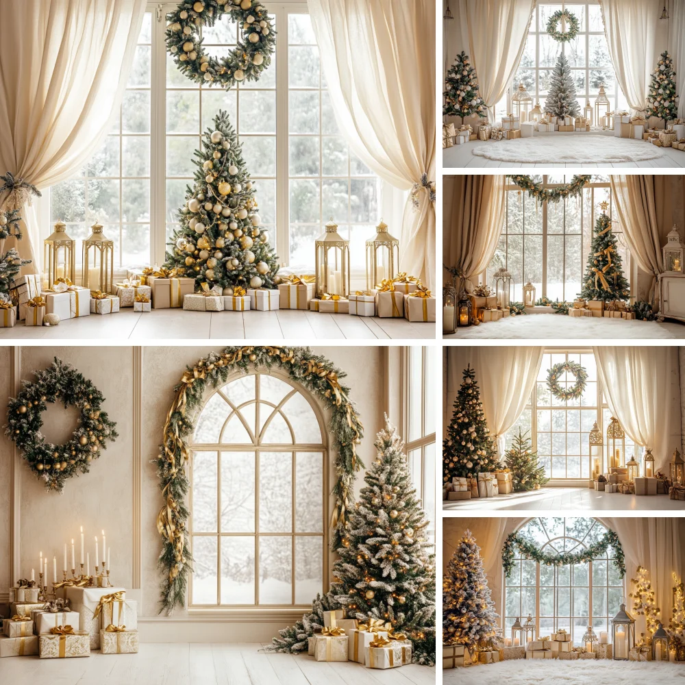 

Photography Background Winter Christmas Boho Beige Room Xmas Tree Gift Kids Family Portrait Decor Backdrop Photo Studio