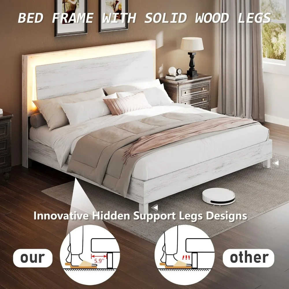 إطار سرير خشبي كامل الحجم مع ضوء RGBW LED، سرير بمنصة حديثة لمنتصف القرن مع لوح رأسي عائم وأرجل من الخشب الصلب، بدون Bo