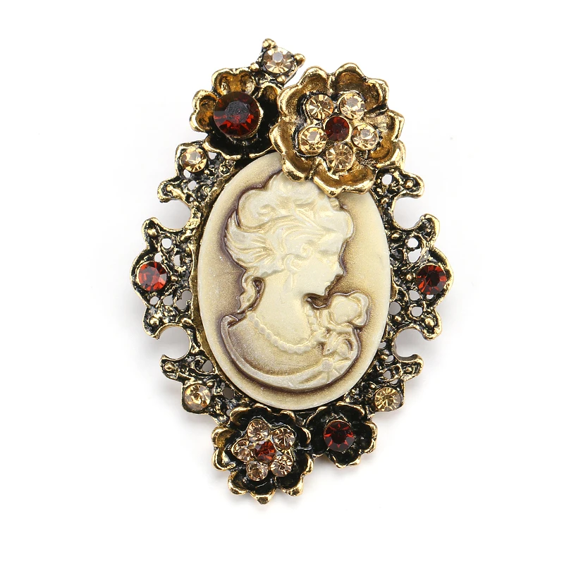 Vintage Queen\'s Cameo Beauty Head Crystal Brooch Pins for Women in Antique Gold Silver Color Assorted Style Rhinestone Brooch