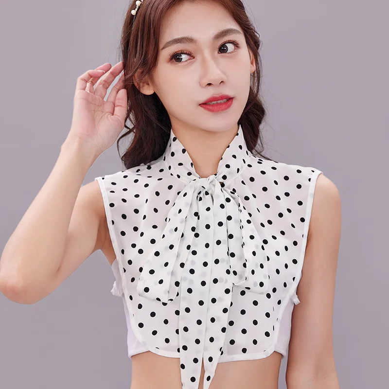 Women Polka Dots Bowknots Shirt Fake Collar Tie Cotton Detachable False Collar Lapel Blouse Top Autumn Sweater Decorative