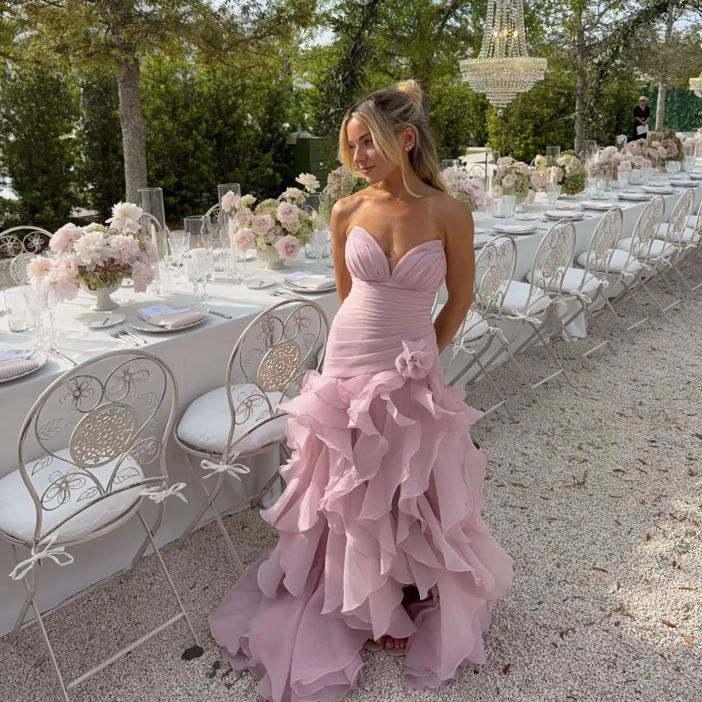 

Pink Mermaid Prom Dresses Tiered Ruffles Sleeveless Evening Gowns Soft Chiffon Floor Length Customized Formal Occasion Gowns