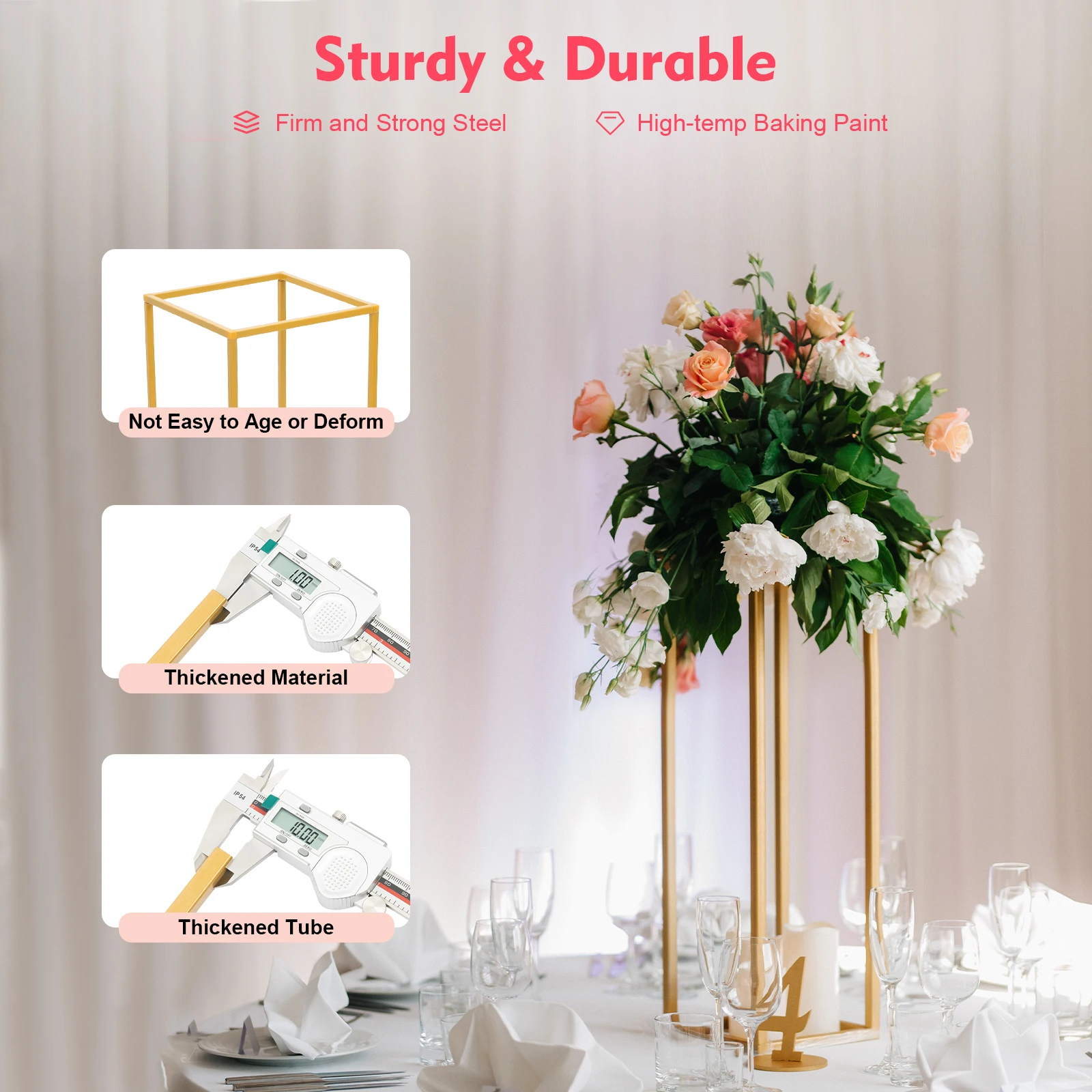 4Pcs Wedding Flower Stand Set, Gold Metal Column Rack Floor Geometric Display Stand Wedding Centerpieces Party Prop Decor Holder