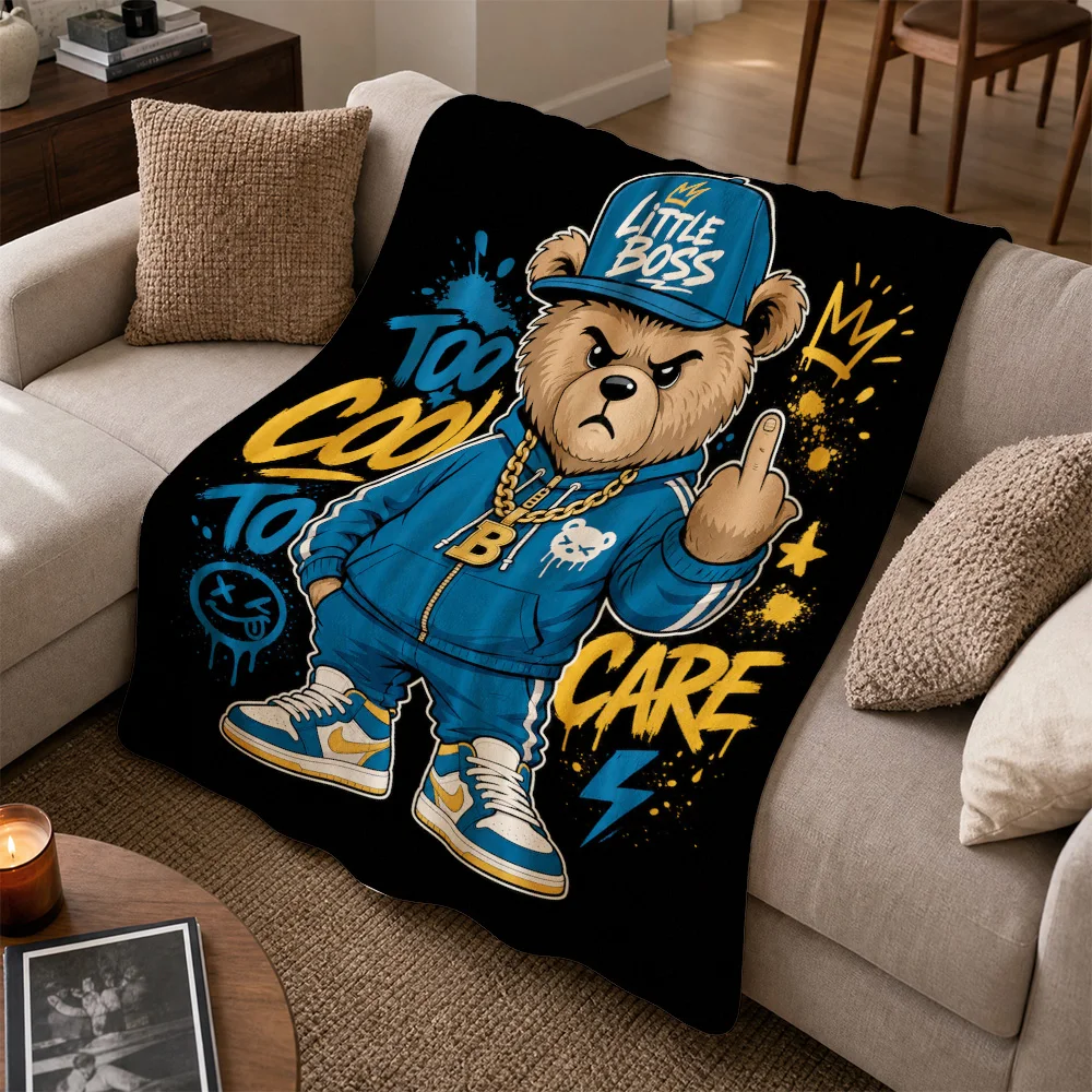 Trendy Little Boss Bear Throw Blanket for Sofa Couch Decor Cute Cartoon Graphic Print Cozy Living Room Home Accent Gift Idea