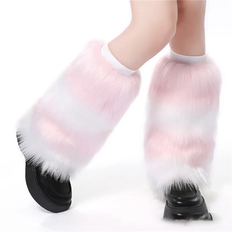 Women Faux Fur Leg Warmer for Boot Ladies Thick Fluffy Contrast Color Stripe Pattern Warmer Boot Cuff Stockings for Winter