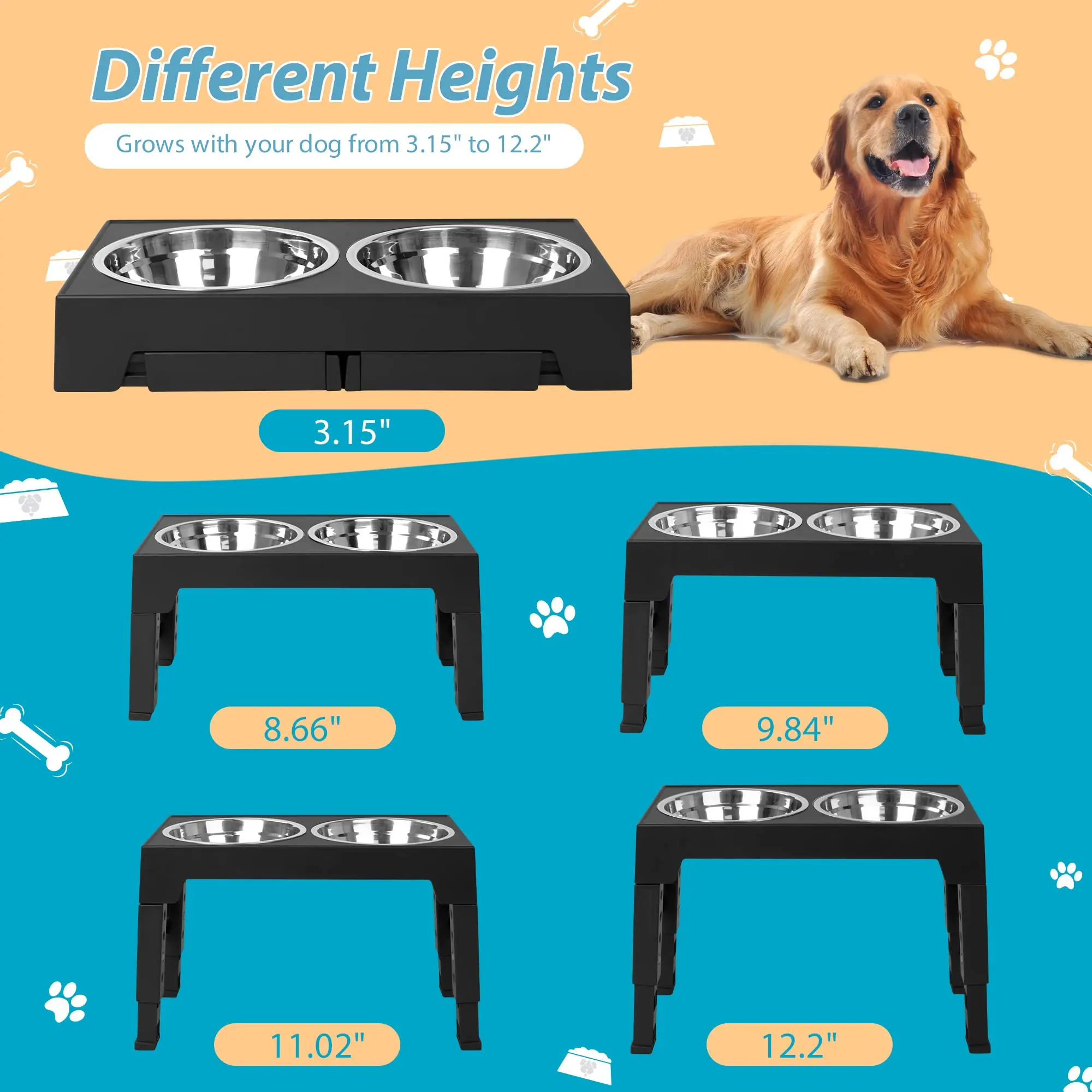 The elevated dog bowl comes with 2 stainless steel dog food bowls, and the raised dog bowl can be adjusted to 5 heights (3.15