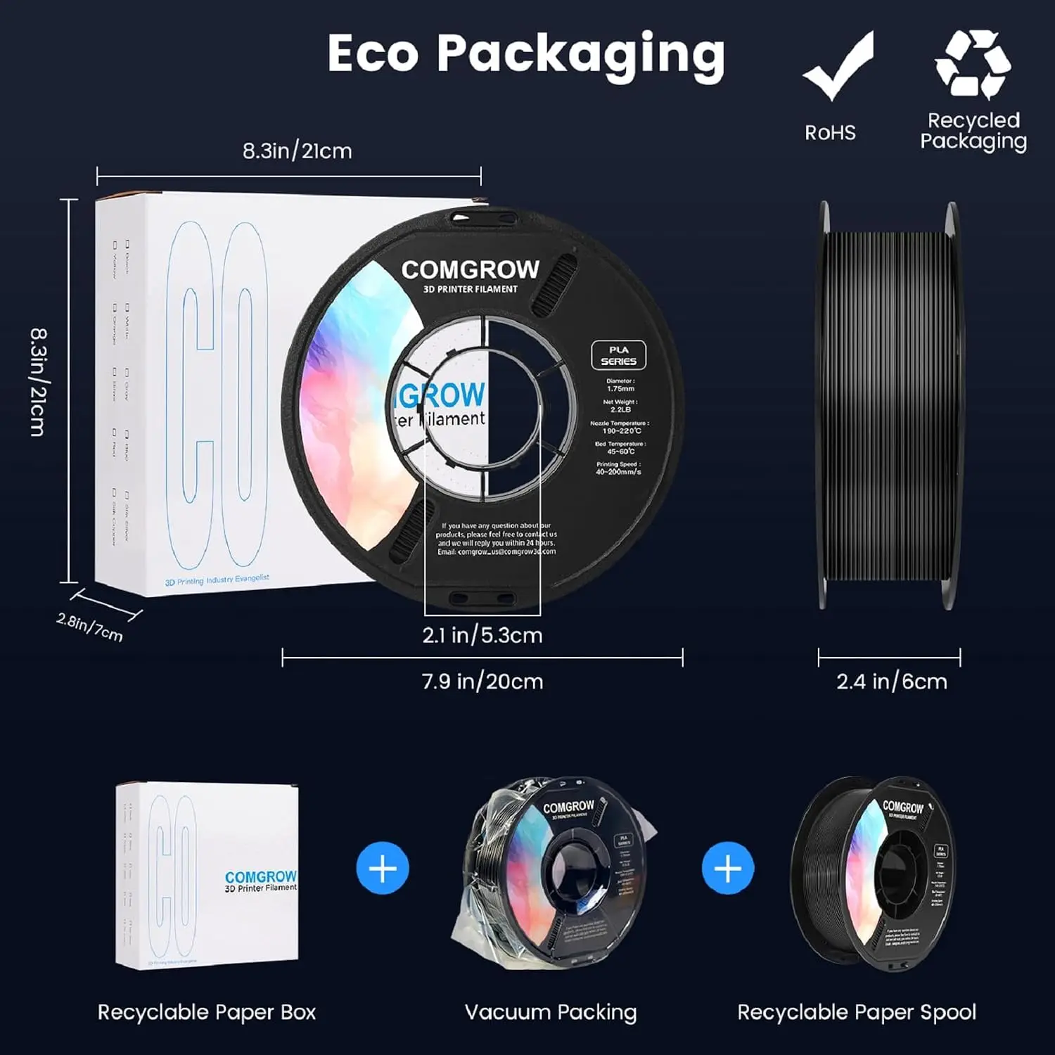 PLA 3D Printer Filament, 3D Printer PLA Filament 1.75mm, Dimensional Accuracy +/- 0.02 mm, 10 Rolls of 1KG Spool PLA Black