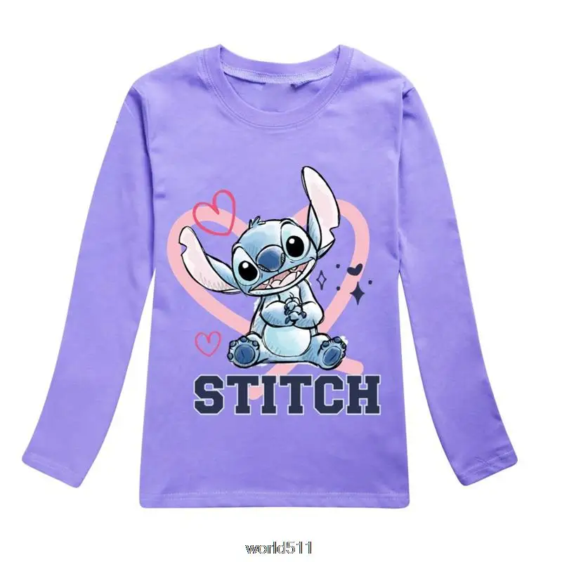 Disney Stitch Autumn Fashion Girls Long T-shirt Children Short Sleeves  Tees Baby Kids Cotton Tops For Girls Clothes 2-16Y Gift