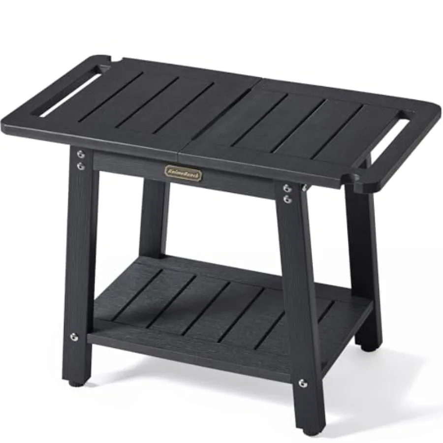

Black HDPS Shower Bench with Shelf for Shaving Legs Waterproof Bathroom Chair Seat Weather Resistant Non-Slip Handles Indoor Ou