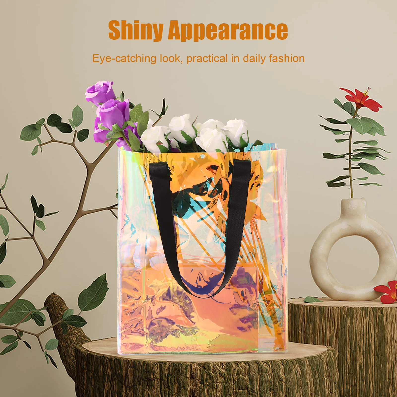 

2Pcs Clear Holographic Tote Bags Transparent Large Capacity Casual Shoulder Bags for Women Beach Shopping Travel Sports