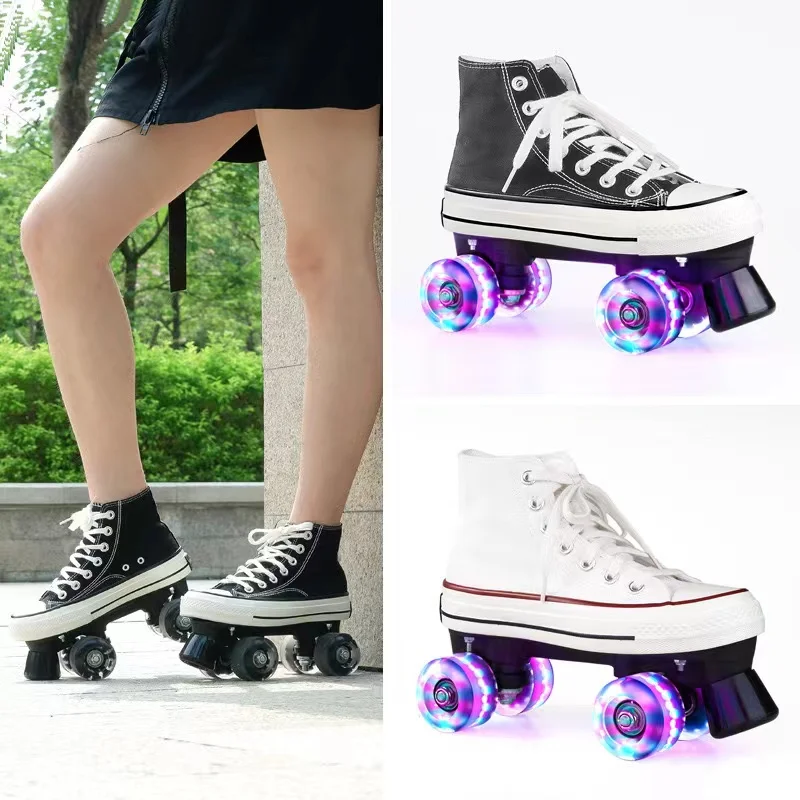 Double-Row Roller Skates for Adults, High-Top, Classic Canvas, Quad Skating Sneakers, Four-Wheel, Leisure Flash 4 Wheels