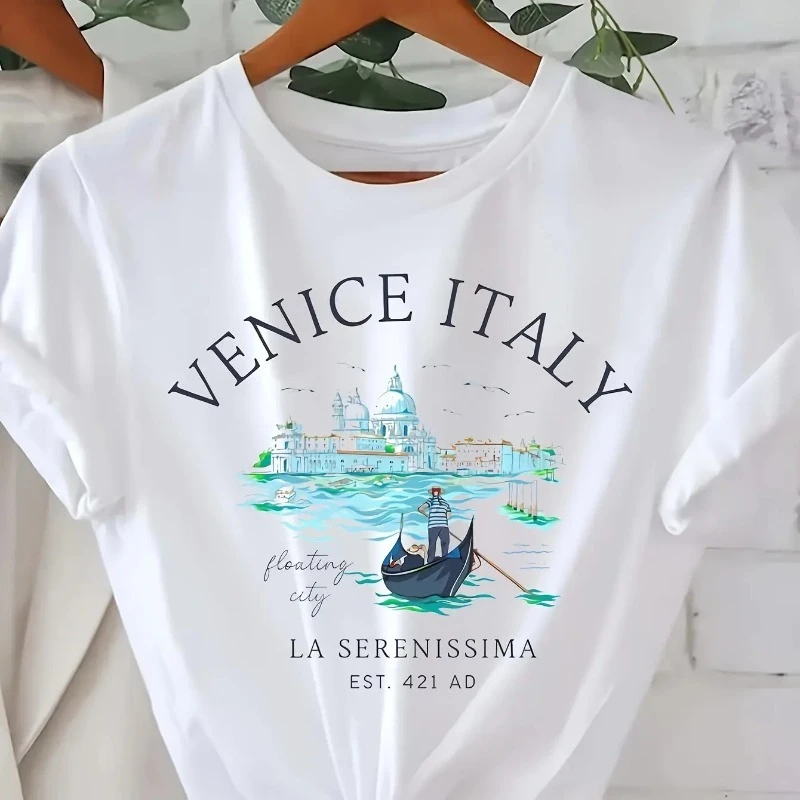 Italian Printed T-shirt Short-sleeved Round Neck Casual Tops Summer Spring Minimalist Wind Harajuku Women's Shirt Short-sleeved