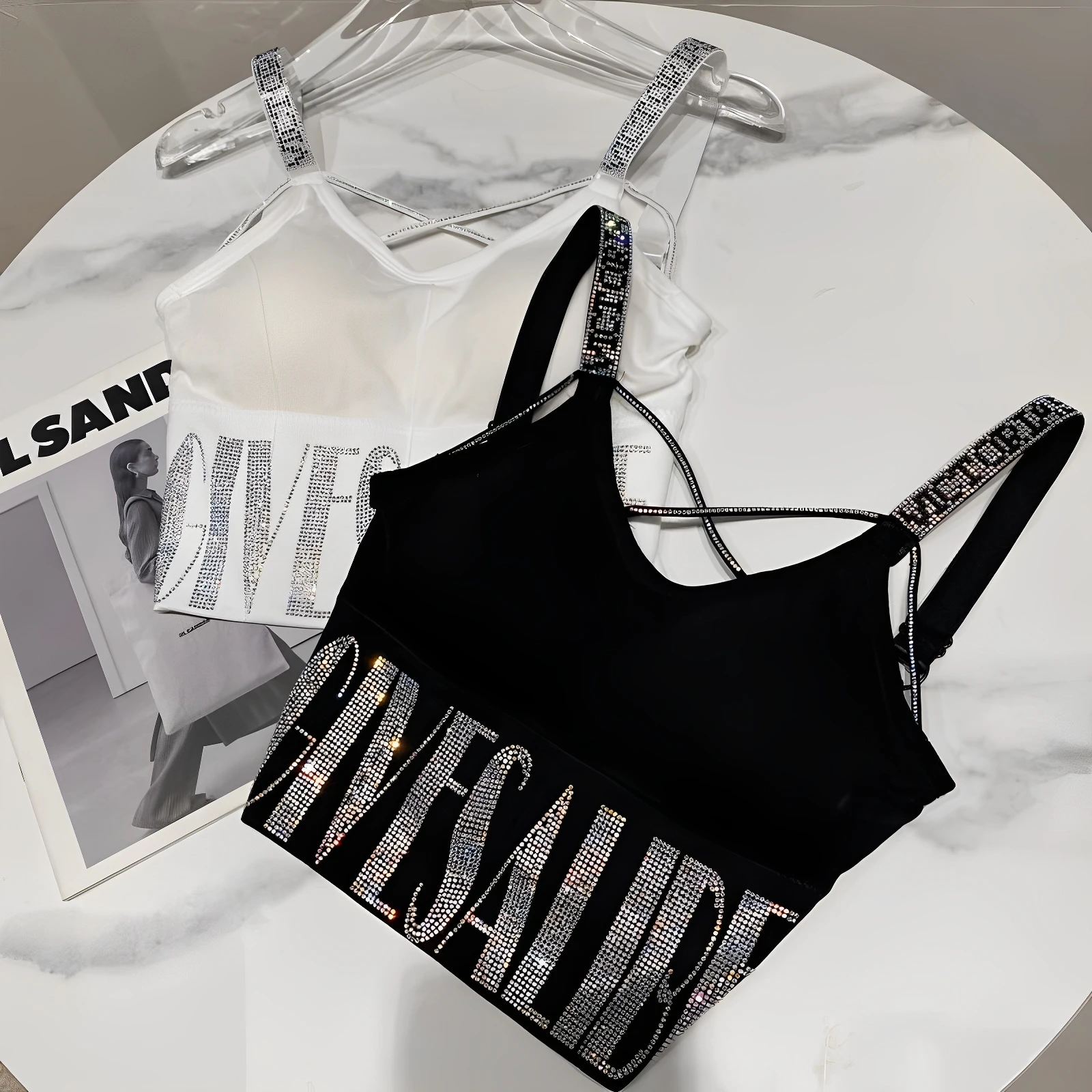 

Faionable 2025 Autumn New Small Fraance Sle Rhinestone Letter oulder Strap Slim Fit Tube Top Women's Padded Bustier