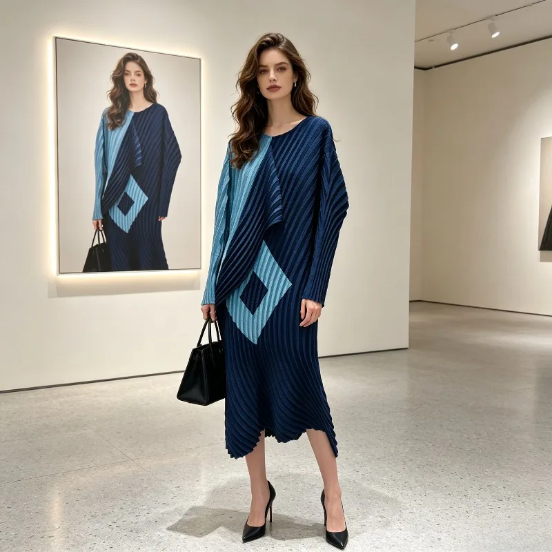 Miyake Pleated 2026 Loop Pleated Dress Fashion Loose Color-Block Straight Skirt Design Sense High-End Slimming Plus Size Dress