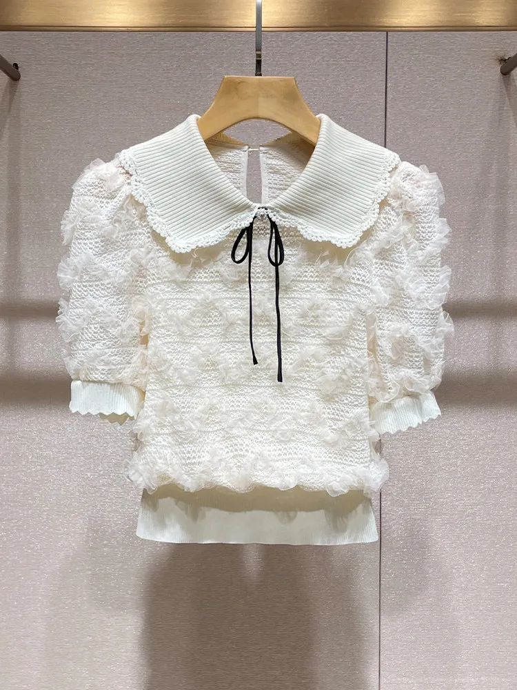 Sweet Knitted Doll Collar Bow Top Pocket Skirt Two-piece Set