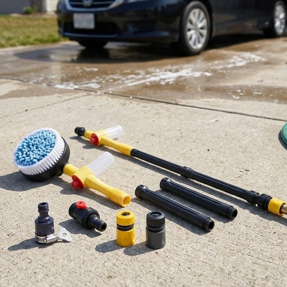 Water-Powered Rotating Car Wash Brush with 3 Spray Settings Adjustable Flow Intensity for Cars Motorcycles Plants