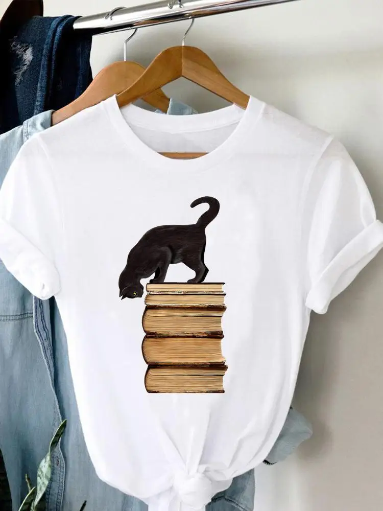 T Shirt Clothing Tee Women Cat Printing Trend 90s Style T-shirt Summer Short Sleeve Print Clothes Fashion Female Graphic Top