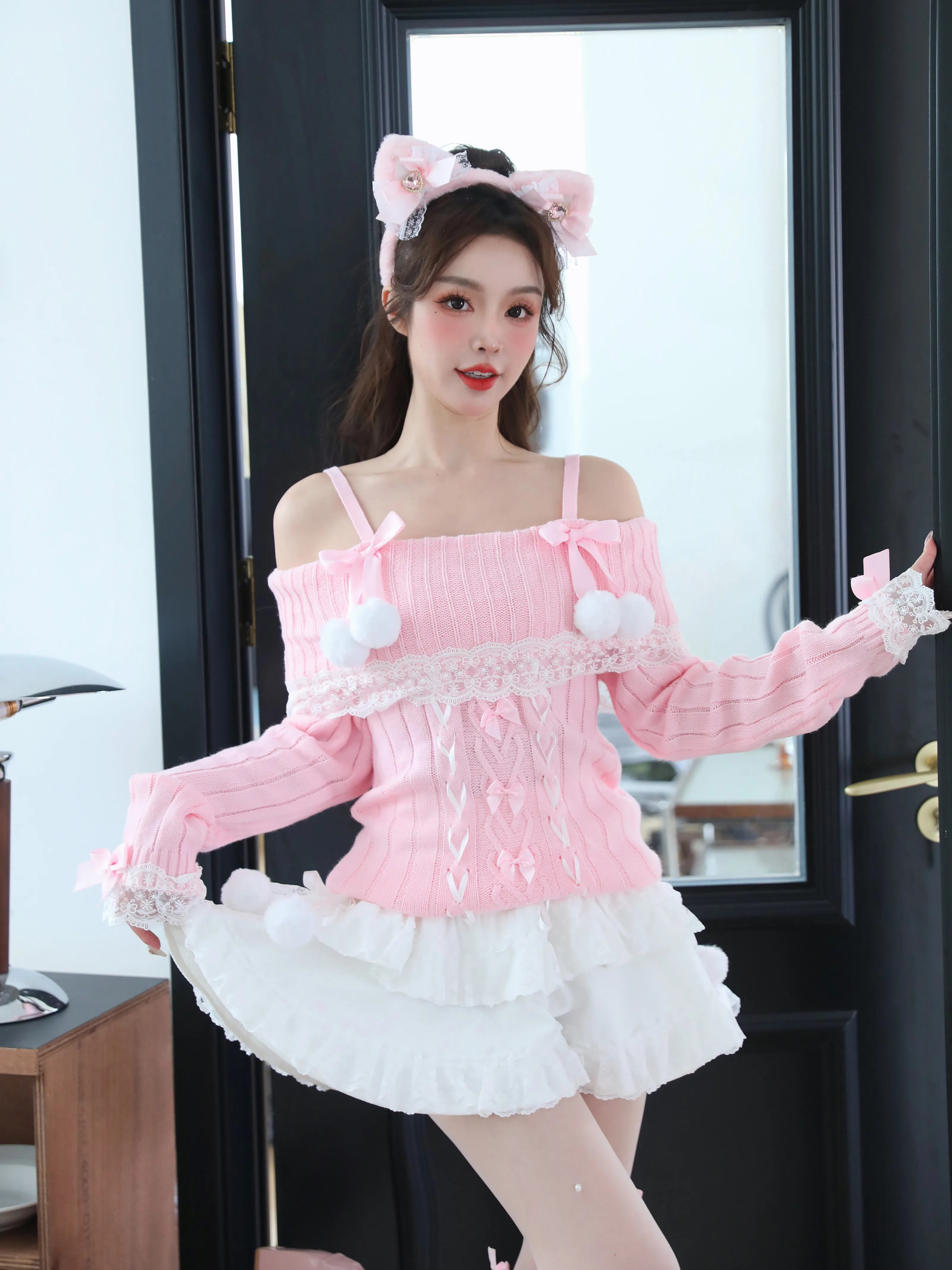 Dophee Original Princess Wind Pink Women Sweaters Cute Fur Ball Lace Splicing Bandage Bow Off Shoulder Flare Sleeve Pullover Top