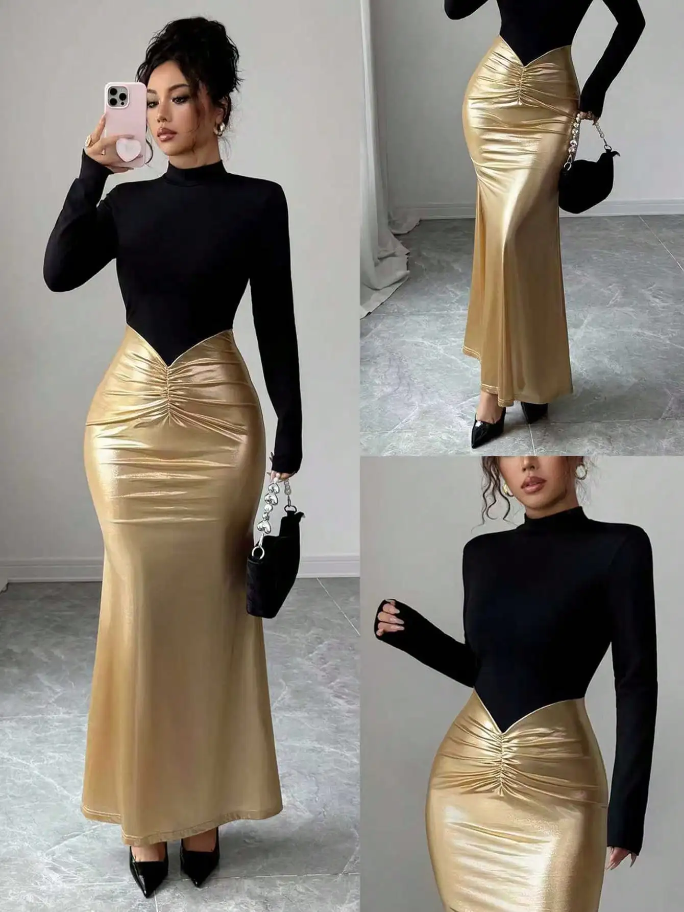 

Черный топ с высоким воротником и длинными рукавами в комплекте с золотой металлической юбкой-русалкой