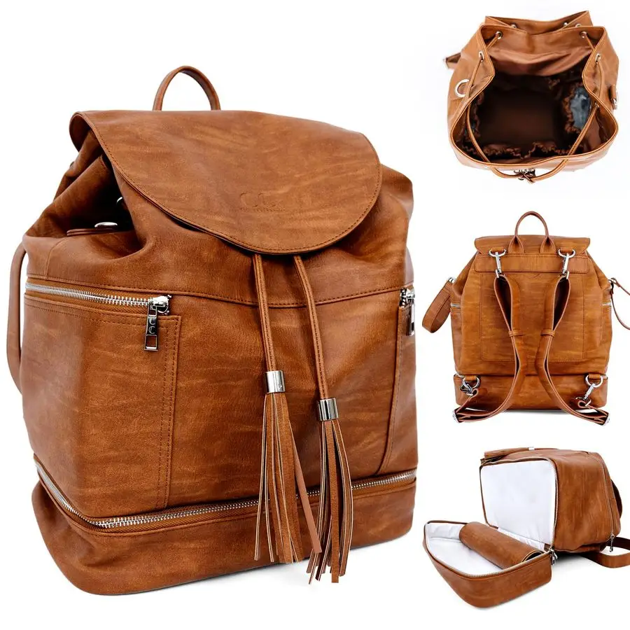 

Collective Journey Vintage Tan Vegan Leather Diaper Bag Backpack Elegant, Multifunctional, Travel Diaper Bag with Stroller Strap