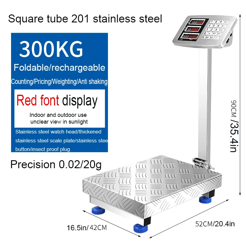 Commercial 300kg Weighing Scale 42X52cm Bench Ccale Electronic Scale Folding Scale Stainless Steel Material Waterproof