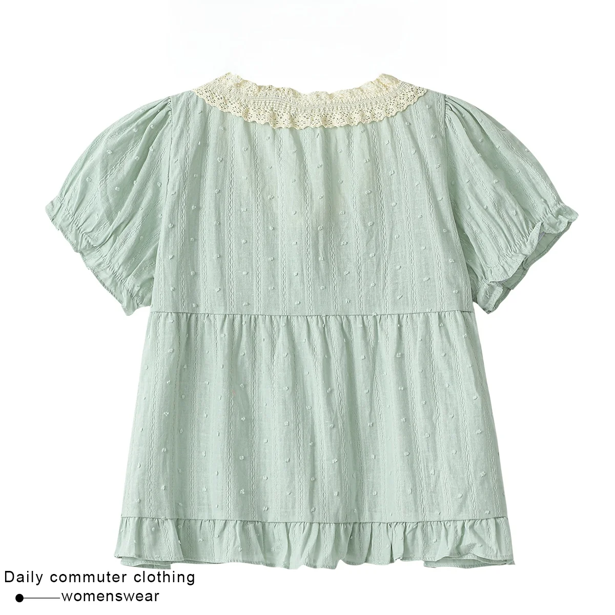 Coehkg Summer New Loose Bubble Sve Ruffle Lace Trim round Ne irt Women's Faion French Sle Button Detail irt