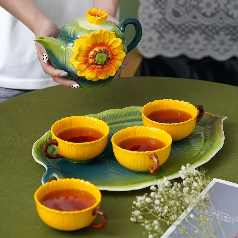 Ceramic Colorful Sunflower Tea Set Home Kung Fu Tea Tray Teacups Kettle Leaves Tray Exquisite Snacks and Drinks Tray Mug.