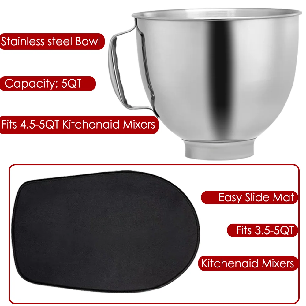 5 QT Stainless Steel Mixer Bowl and Easy Slide Mat Compatible With KITCHENAID TILT-HEAD STAND MIXERS 4.5-Quart And 5-Quart