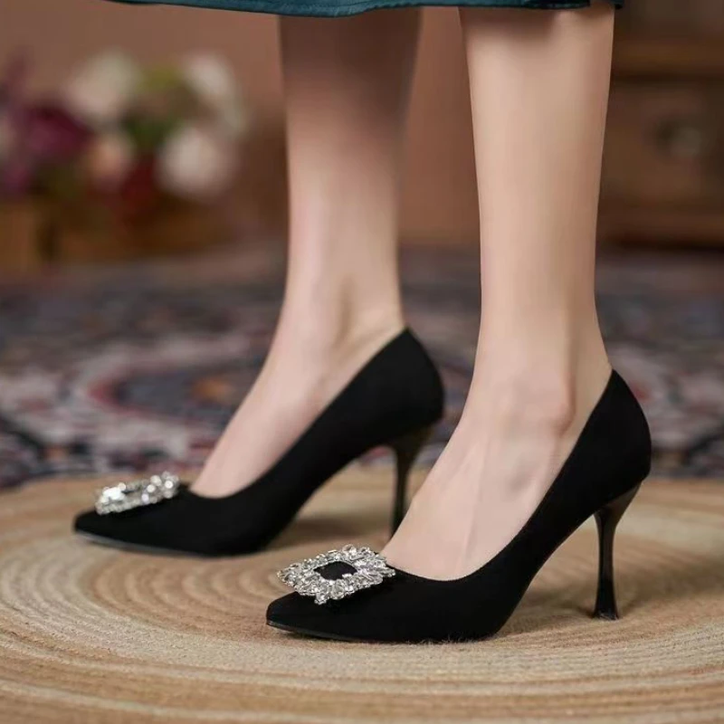 Ladies Shoes on Sale Fashion One Kick Women Pumps Autumn Pointed Toe Rhinestones Sexy Dress Party Stilettos or Thin Heels Shoes