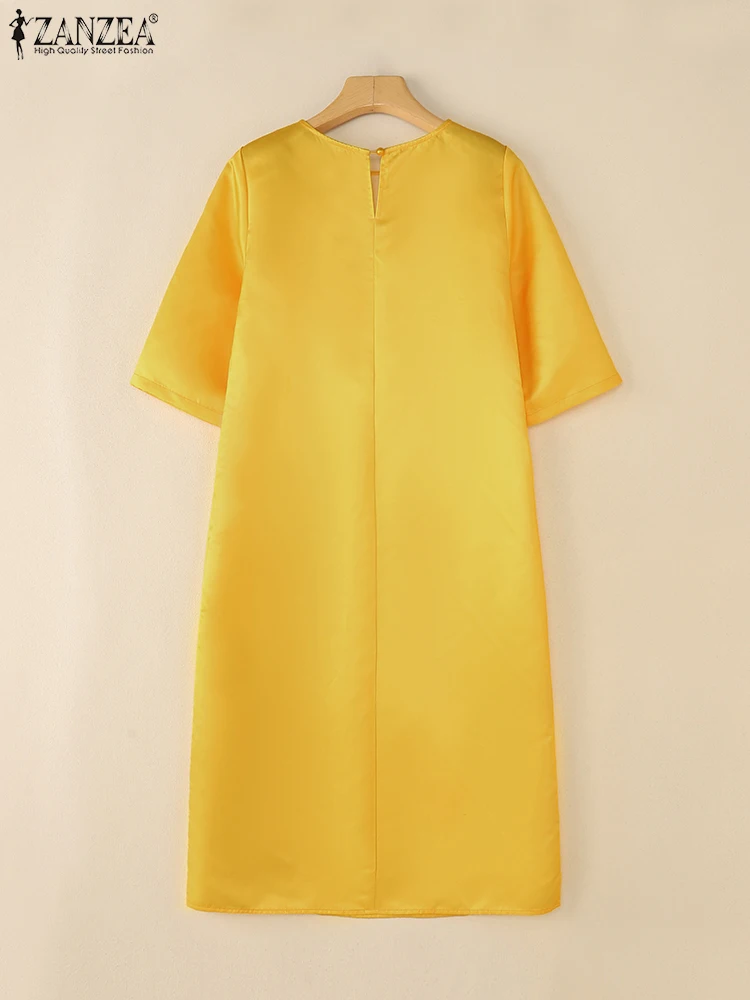 ZANZEA エレガントサテンミディドレス女性カジュアル O ネック 3/4 スリーブ花柄ローブファム 2025 秋ルーズ通勤 Vestidos