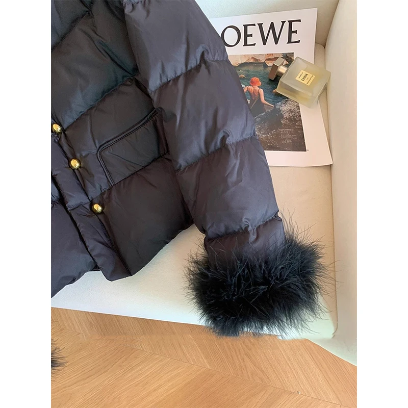 韓国ファッション黒ショートパーカー女性フェイクファーパッチワークパファージャケット冬ダウンコートレディース綿パッド入りアウターウェア