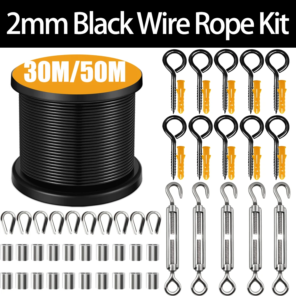 30/50M 2mm Black Stainless Steel Wire Rope Kit Heavy Duty Garden Wire Cable Balcony Railing Farm Fence Tent Roll 304 PVC Coated