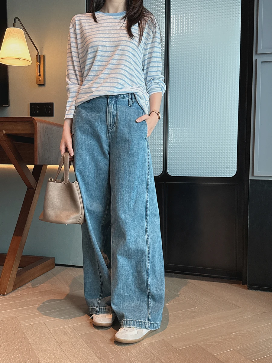 

Blue Wide Leg Pants Loose Casual Sle High Waist Knife ape Casual Wear Spring Season Ladies Faion Jeans Loose Fit