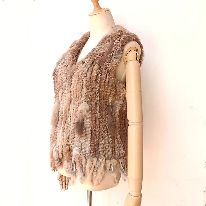 Knitted Real Rabbit Fur Vest With Tassel Casual Women Autumn Real Fur Gelit Ladies Sleeveless  Real Fur Coats For Womans