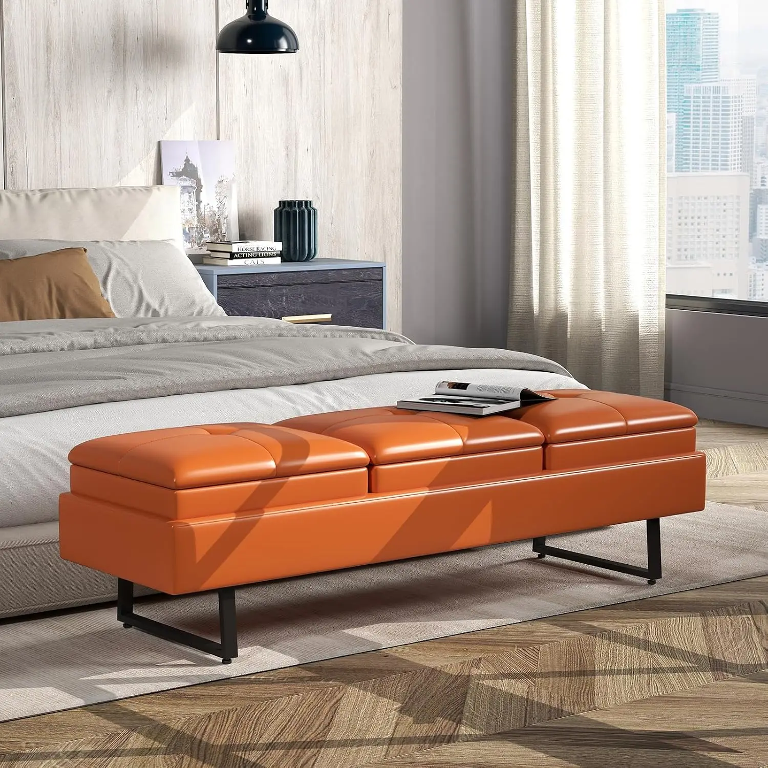 3-Seat Orange Upholstered Reception Bench, Faux Leather Lobby Waiting Room Sofa & Office Guest Chair for Salon, Shop