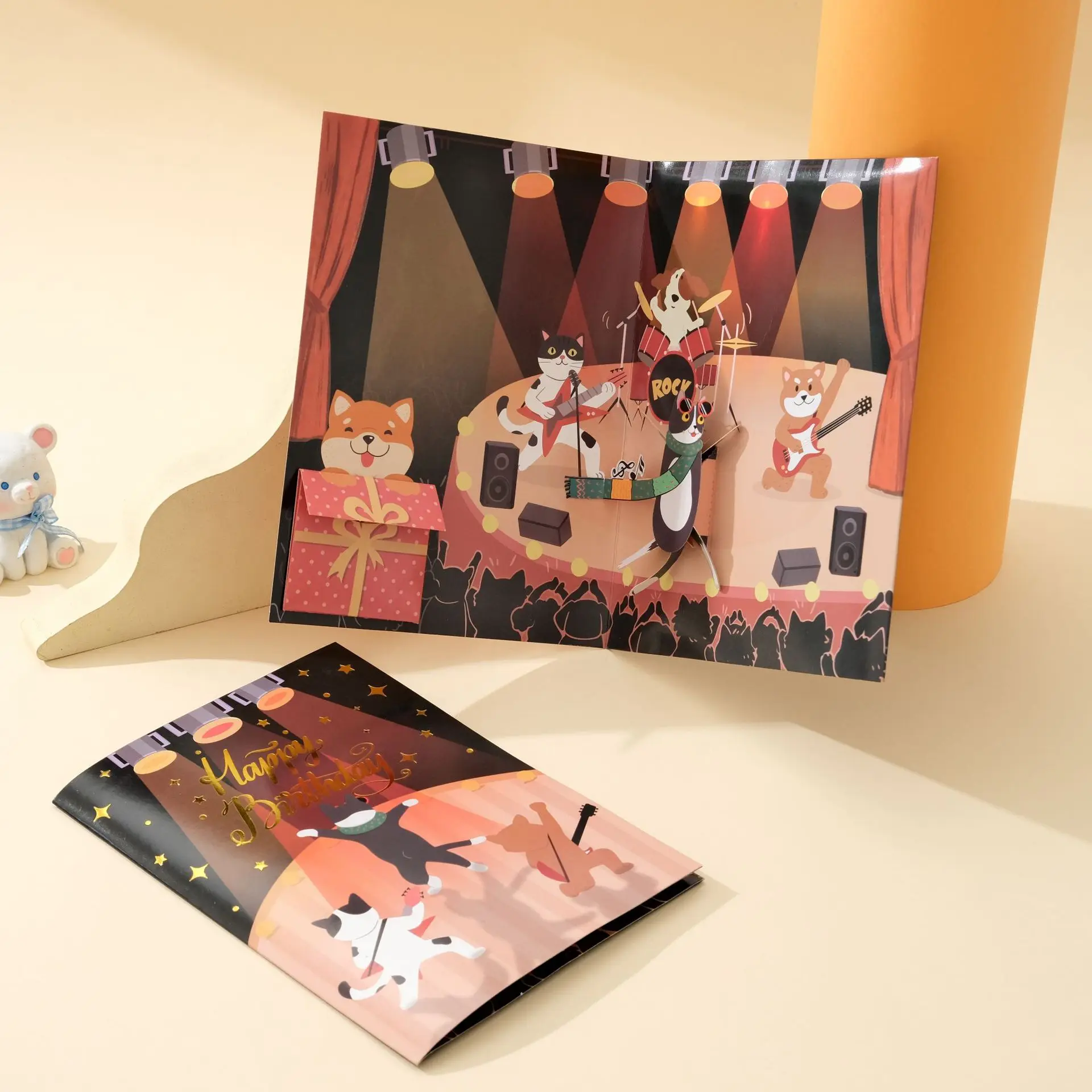

New Birthday Card Cat and Dog Band Music Light Scene Pop-Up Card with Cartoon Illustration Holiday Greeting Card with Envelope