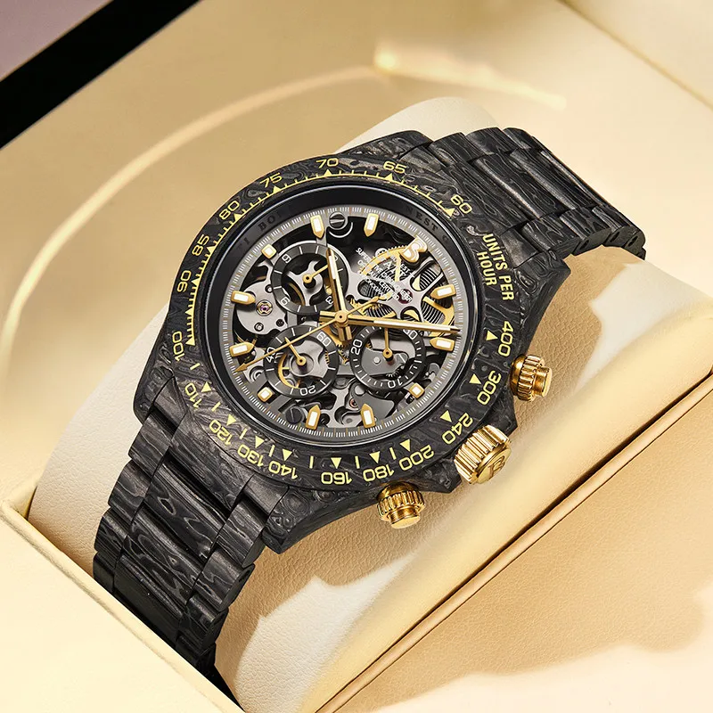 BONEST GATTI Men Chronograph Watch 41mm Automatic Mechanical Wristwatch Carbon Fiber Case Waterproof Luminous Sapphire Mirror