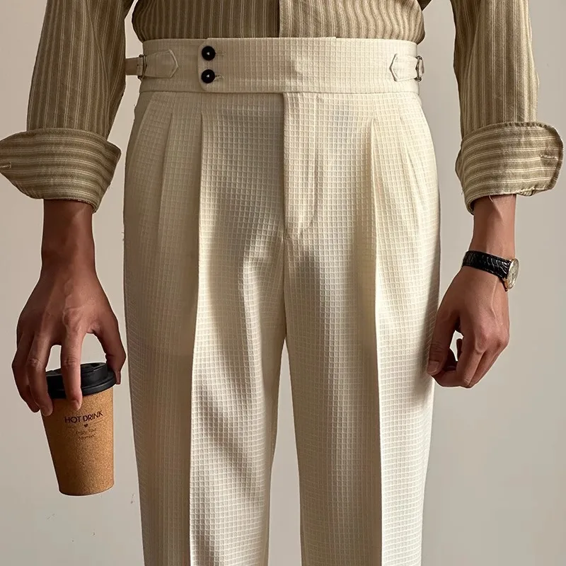 

Naples Style Suit Trousers Men Stylish High-waisted Belt Design Slim Straight Pants Mens Fall Vintage Solid Color Casual Pants