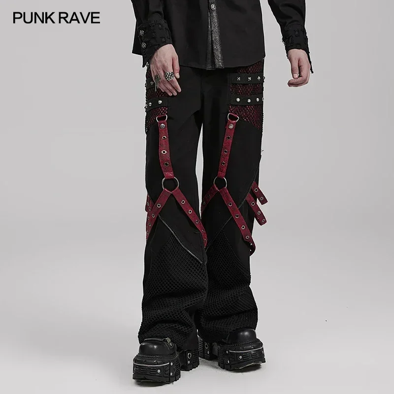 

PUNK RAVE Men's Punk Style Wide Leg Trousers Cotton Webbing with Metal Rivets Combination Personality Casual Loose