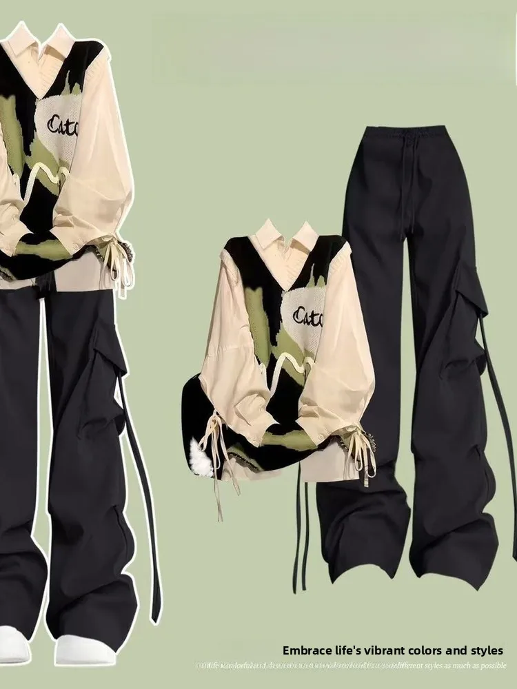 

Новый осенний стиль 2025: Женский деловой костюм-двойка в университетском стиле (брюки и жилет) для создания профессионального образа, смесовая ткань из полиэстера