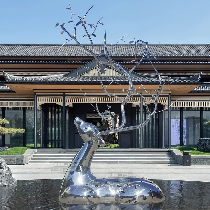 Outdoor stainless steel waterscape abstract deer sculpture city mirror hotel garden metal landscape logo hollow ornament